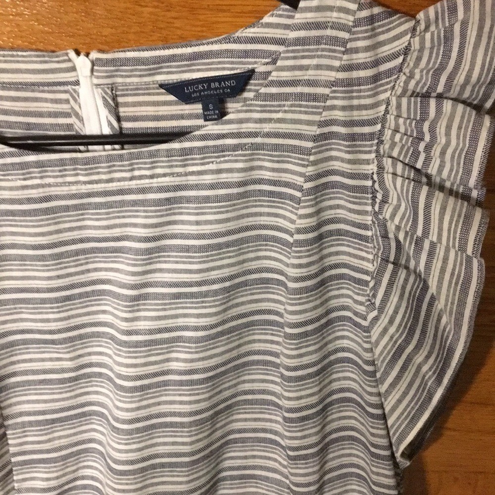 Lucky Brand Preppy Black White Striped Ruffle Faux Wrap Cotton Dress Cottagecore - Picture 6 of 9